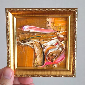 Pintura al óleo abstracta enmarcada Pintura abstracta pequeña en rojo y naranja Pintura al óleo original 4x4 Obra de arte contemporánea abstracta pequeña en marco