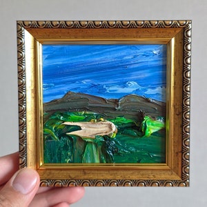 Paisagem Pintura a Óleo Original 4x4 Pintura Emoldurada Washington Paisagem Moderna Campo Verde Quadrado Arte de Parede Arte Contemporânea em Moldura