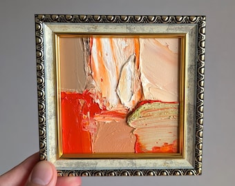 Pintura al óleo abstracta brillante: pequeña obra de arte texturizada roja con decoración beige (4x4 pulgadas)