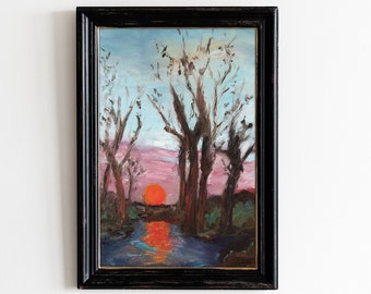 Sunset Oil Painting Realism Impressionist Art Red Sun On The River Usa Scenery Trees Branch Silhouette Illinois Autumn Fall Landscape Art