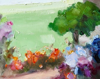 Original Oil Painting: Summer Cottage Landscape, Floral Garden (11.8x15.7 inches)