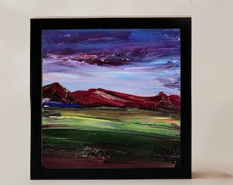 6x6 Abstract Purple Sky Painting Green Field Landscape Original Painting Dramatic Cardboard Yellow Sunset Wall Art Colorful Sky Small Art