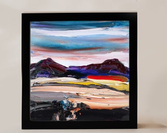 Heath Abstract Landscape, Wasteland Original Oil Painting, Square 6x6 Wall Art, Texas Mountains View, Modern Art, Nature Evening Bold Colors