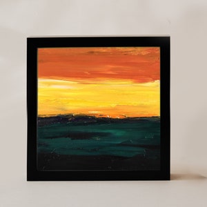 Pintura de pôr do sol, pintura a óleo original, laranja, amarelo, céu vibrante, verde escuro, 6x6, arte de parede, quadrado, abstrato, paisagem, colorido, contraste, arte