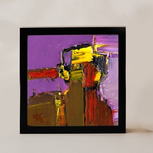 Pintura abstrata roxa e amarela, arte abstrata 6x6, pintura quadrada pequena, arte contemporânea, pintura a óleo original, abstrato azul-marinho brilhante