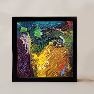 Pintura a óleo abstrata 6x6, composição, textura, pintura a óleo original, arte abstrata moderna, pequena, 6 por 6, quadrado, amarelo, arte de parede contemporânea