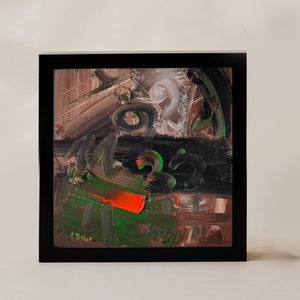 Arte abstrata Moody Brown, pintura a óleo original, pinceladas expressivas, pequena arte de parede contemporânea, pintura escura de 6x6', arte quadrada minúscula