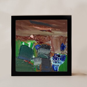 Pintura a óleo abstrata pequena 6x6 quadrados arte de parede abstrata verde marrom pintura a óleo pequena arte contemporânea decoração de parede escura arte de parede ousada