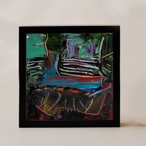 Pintura al óleo abstracta verde oscuro, pequeña obra de arte dinámica, diminuto cuadrado, arte de pared de 6 x 6, arte original texturizado, pintura expresiva surrealista, bellas artes