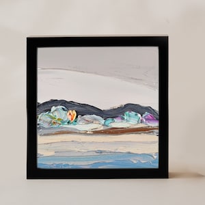 Arte Semi Abstrata 6x6 Arte em Óleo Cinza Texas Abstrato Impasto Paisagem Montanhas Azuis Pintura a Óleo Deserto Selvagem Papelão Quadrado Pequeno