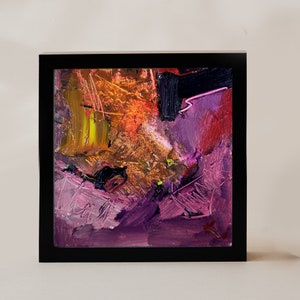 Pequena pintura abstrata, arte roxa, pintura a óleo sobre papelão, arte de parede abstrata roxa escura, decoração de parede moderna, pintura única