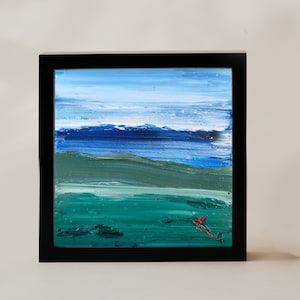 Pintura original abstrata da Califórnia, arte azul e verde, impasto, Texas, fazenda, quadrado, moderno, texturizado, cores mínimas