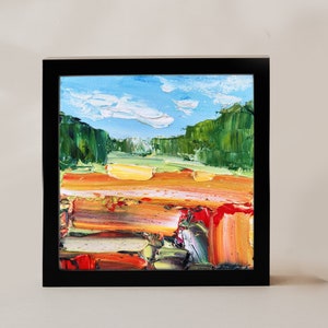 Pintura abstrata de campo de papoulas vermelhas, 6 x 6 polegadas, pintura a óleo de campo de papoulas vermelhas da Califórnia, pintura de paisagem dos EUA, arte original impressionista
