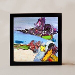 Pequena pintura a óleo abstrata, arte colorida, arte abstrata roxa, arte de parede 6x6, paisagem moderna, abstrata quadrada, pintura a óleo texturizada