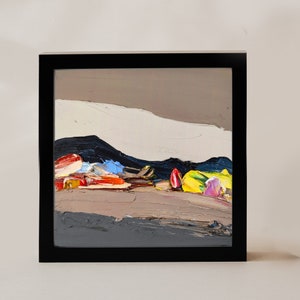 Pintura 6x6 texturizada, pintura abstrata do Texas, marrom, pintura a óleo original, arte de parede calma do Arizona, campo amarelo, pequeno, quadrado, arte de parede de papelão
