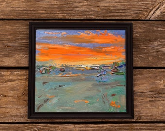 8x7 Original Oil Painting Sunset Southwestern Landscape Original Small Abstract Atmospheric Scene Fields Orange Stormy Sunset Sky Wall Art