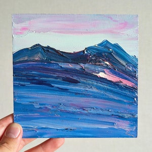 Paisagem abstrata azul 6x6 pintura a óleo original quadrada arte azul cobalto céu magenta cenário moderno paisagem do Alasca pequena arte contemporânea