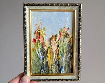 Abstract Flowers Original Floral Oil Painting: White Wildflowers Textured Art Framed 6x4"