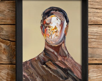 Abstract Face Oil Painting: Surreal Man Portrait, Modern Art (9.8x13.7 in)