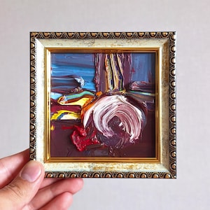 Pequena pintura a óleo original emoldurada 4x4 pintura abstrata em papelão texturizado impasto roxo escuro original azul marinho arte de parede moderna