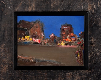 Night Cityscape Oil Painting: Abstract Evening Artwork (7x9.4 in)