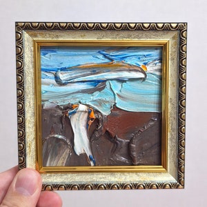 Paisagem texturizada emoldurada Imasto pintura a óleo original pequena 4x4" quadrado pequeno arte de parede bela paisagem da Califórnia cores marrom azul