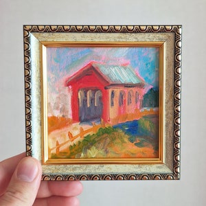 Pintura de granero, casa roja, pintura al óleo, paisaje de EE. UU., granero americano, arte, paisaje moderno, pequeño, enmarcado, lindo, paisaje, vibrante, obra de arte de granja