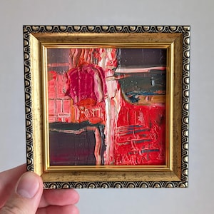 Pintura original pequena 4x4 pintura vermelha abstrata formas coloridas minúscula vermelho escuro arte contemporânea textura emoldurada pintura a óleo decoração arte de parede