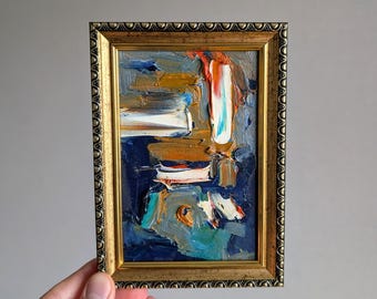 Pintura al óleo texturizada en tonos azules y marrones: pequeña obra de arte abstracta enmarcada, 6x4
