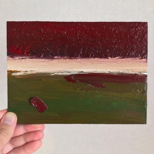 Pintura a óleo abstrata texturizada, vermelho carmesim, arte original, 8 por 6, arte de parede contemporânea, céu vermelho, grama verde escura, visão abstrata, cena natural