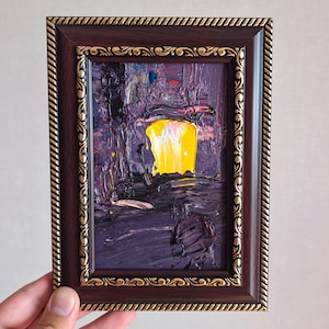Cuadro abstracto de 6 x 4 pulgadas, cuadro original enmarcado pequeño, obra de arte al óleo original, arte mural moderno, arte morado oscuro, arte contemporáneo original
