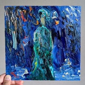 Expressionismo Arte Azul Cobalto Pintura a Óleo Primitiva Retrato Abstrato Figura Misteriosa Encapuzada Expressiva Texturizada Arte Figurativa Azul