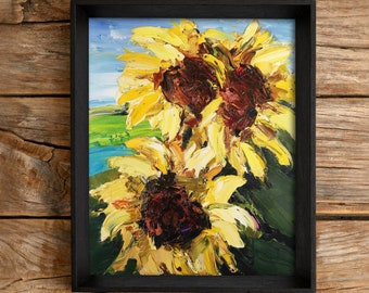 オリジナルひまわり油絵：夏の花のアート、田園風景（9.8×7.8インチ）