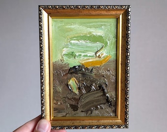 Original Olive Green Abstract Oil Painting - Small Framed Impasto Art - Gallery Wall Filler