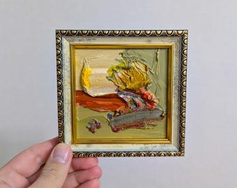 額入りグリーンナチュラルトーン抽象油絵テクスチャ：小型表現主義