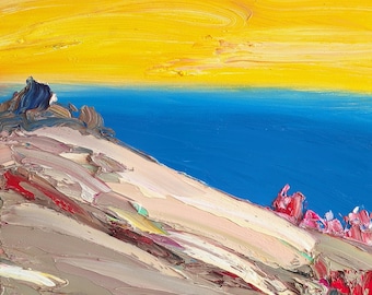 Big Sur 16x16&quot; Oil Painting Original Art Yellow Sky Blue Ocean Square Oil Painting Abstract Landscape California USA Ocean Art Seascape