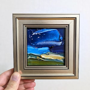 Pintura al óleo abstracta original en azul cobalto - Arte empastada enmarcado pequeño - Relleno de pared de galería