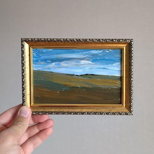 Pintura al óleo texturizada de paisaje cálido y verde de verano de California de 4 x 6 pulgadas sobre cartón, pieza original de arte mural de Arizona.
