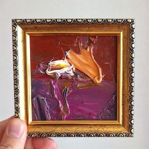 Pintura abstracta enmarcada Colores reales Pintura al óleo original en marco 4x6 Arte original rojo listo para colgar Obra de arte abstracta pequeña en color carmesí oscuro