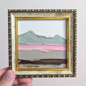 Pintura de arte em miniatura, pequena pintura minimalista, cores neutras, arte de parede minúscula 4x4, decoração de parede quadrada e minimalista, arte de paisagem original