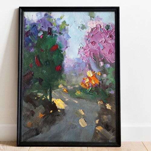 Green Trees Original Oil shops Painting Park Landscape On Canvas Summer Colorful Blooming Yellow Sunshine Rays Path In The NY Park Landscape Art