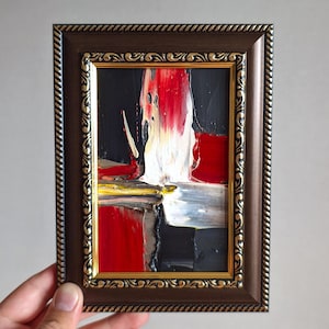 Pintura a óleo original abstrata escura e colorida, preto e vermelho, decoração de parede moderna, pequena, branca, emoldurada, arte fina, peça única, arte com padrão texturizado