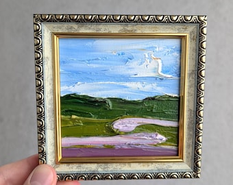 Lavender Field Oil Painting: Framed France Provence Landscape Art (4x4 in)