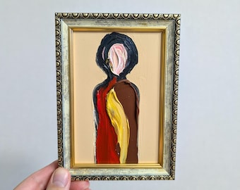 Small Surreal Oil Painting: Abstract Faceless Man Portrait 6x4"