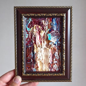 Pintura a óleo original abstrata emoldurada 6x8" Arte brilhante em moldura pronta para pendurar Pintura texturizada em camadas de óleo maciça Impasto Art Textura enorme