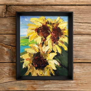 Pintura de girassóis, flores amarelas, vila, campo, fazenda, pintura a óleo original, arte floral de verão, arte de parede colorida, flores de jardim