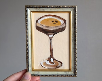 Espresso Martini Oil Painting: Small Still Life Cocktail Art, Framed 6x4"