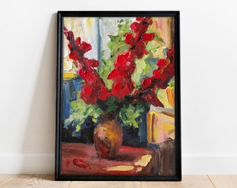 赤いグラジオラスの絵画：花の静物画 油彩キャンバス（11.8x15.7インチ