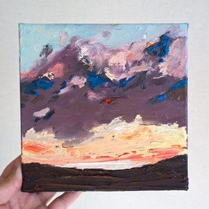 Dusk Twilight Sky Oil Painting: Farmhouse Sunset Landscape Art (8x8)