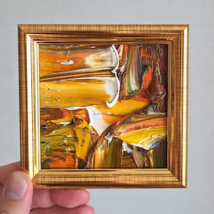 Arte enmarcado Pintura abstracta pequeña enmarcada Amarillo abstracto Beige 4x4” Pintura asombrosa contemporánea Pintura al óleo original Lista para colgar